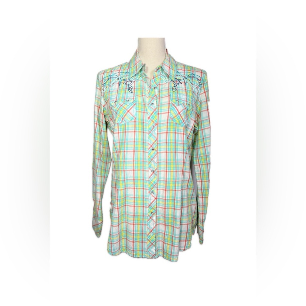 Ariat Plaid Snap Shirt L Western Pearl Snap Rhinestone Embroidered Multicolor - Picture 1 of 8